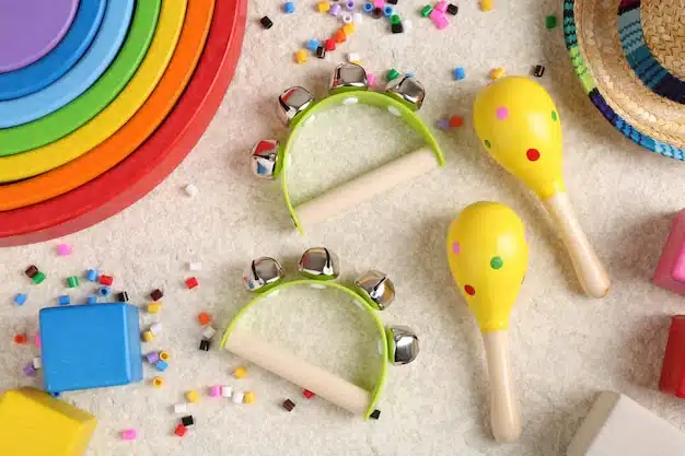 baby song concept kids musical instruments toys beige carpet flat lay daily kid finds